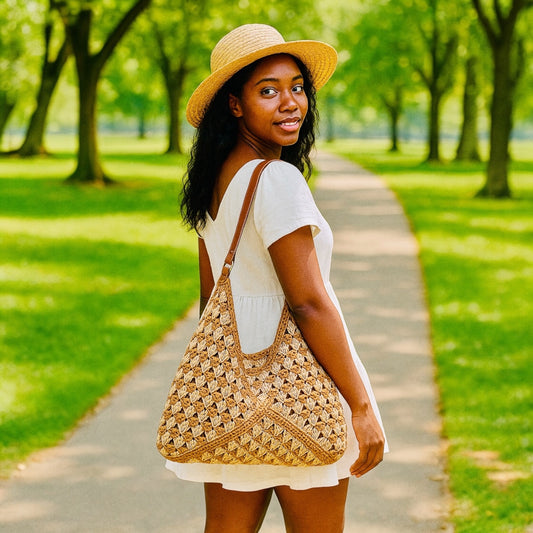 WOVEN WHIMSY TWO TONE RAFFIA KNIT SHOULDER BAG
