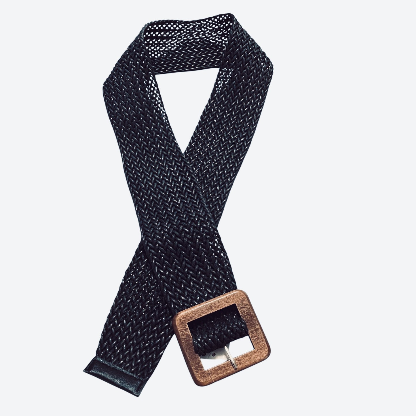 WOVEN PULSE BLACK WOODEN BUCKLE BRAIDED BELT