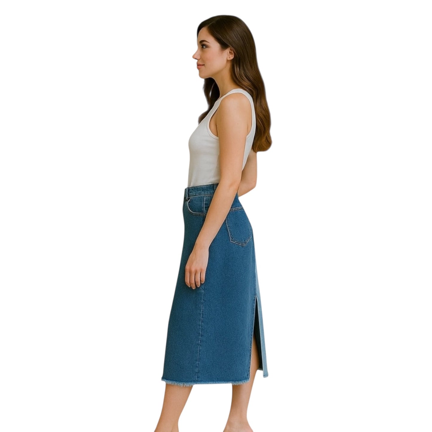 PATCHWORK BLUES BUTTON 2-TONE DENIM MIDI SKIRT