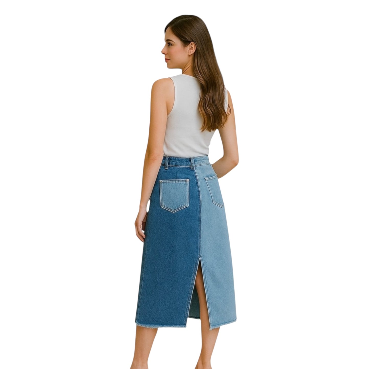 PATCHWORK BLUES BUTTON 2-TONE DENIM MIDI SKIRT