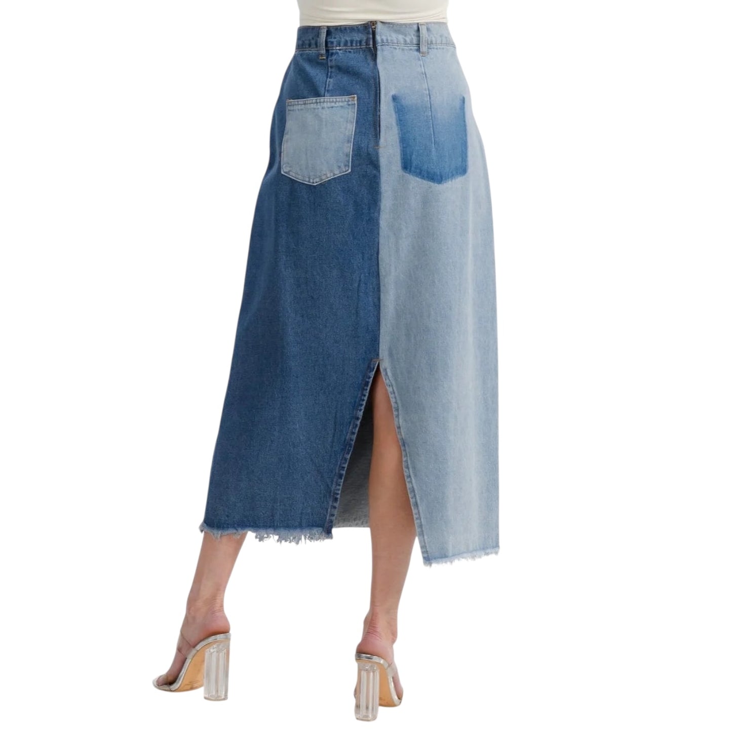 PATCHWORK BLUES BUTTON 2-TONE DENIM MIDI SKIRT