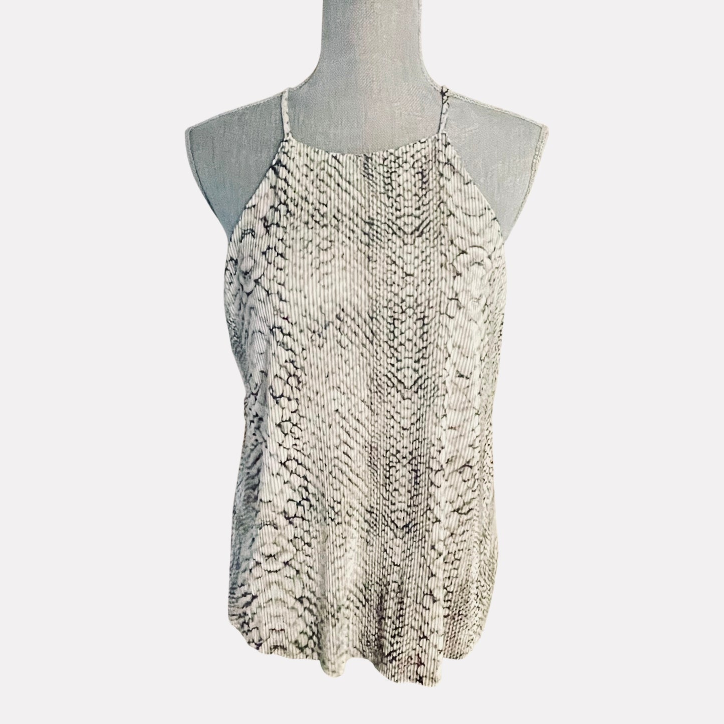PYTHON CHIC PLISSE BLACK & CREAM SNAKE PRINT HALTER TOP