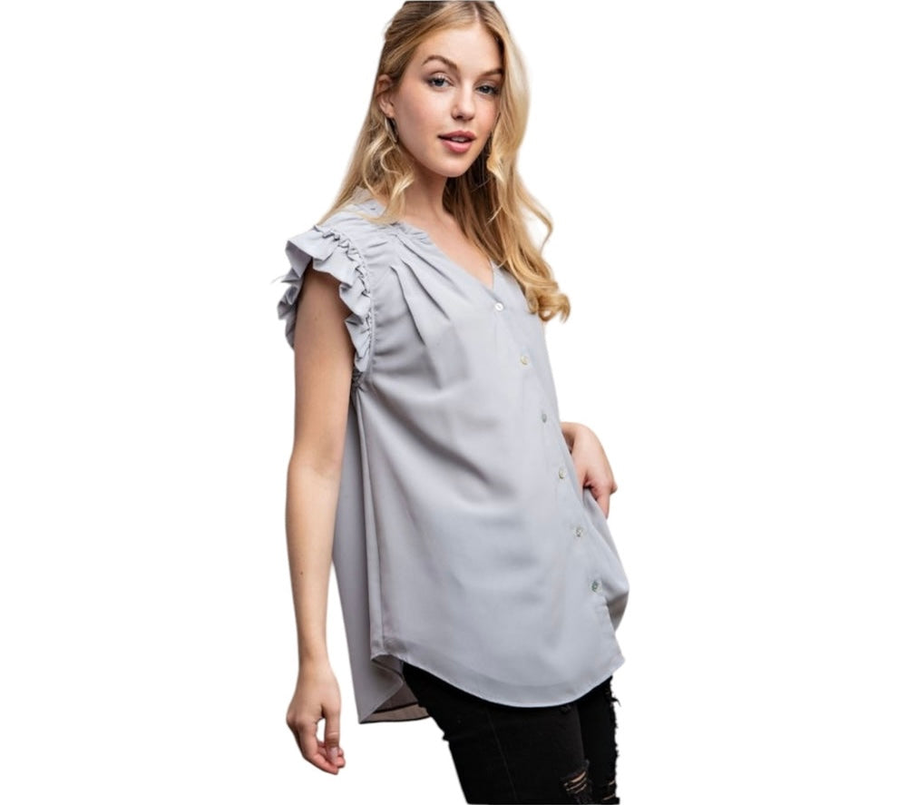 RUFFLE & READY CHIFFON SHIRRING DETAIL BUTTON DOWN TOP