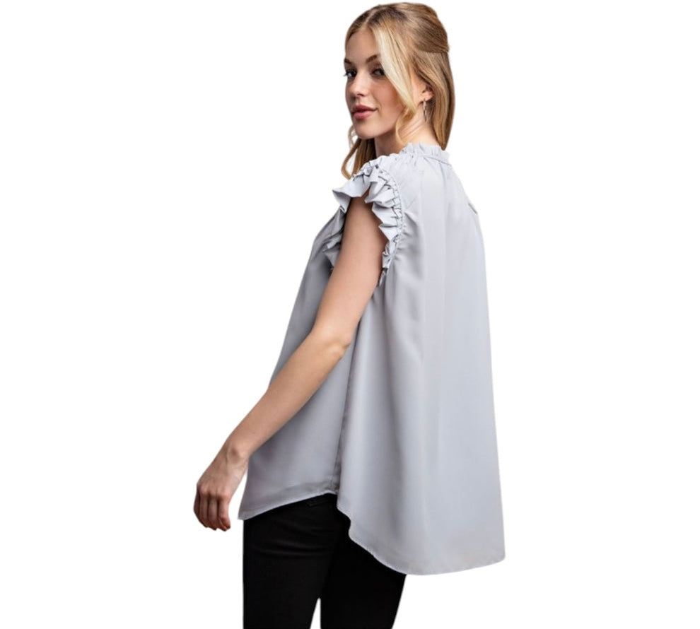 RUFFLE & READY CHIFFON SHIRRING DETAIL BUTTON DOWN TOP