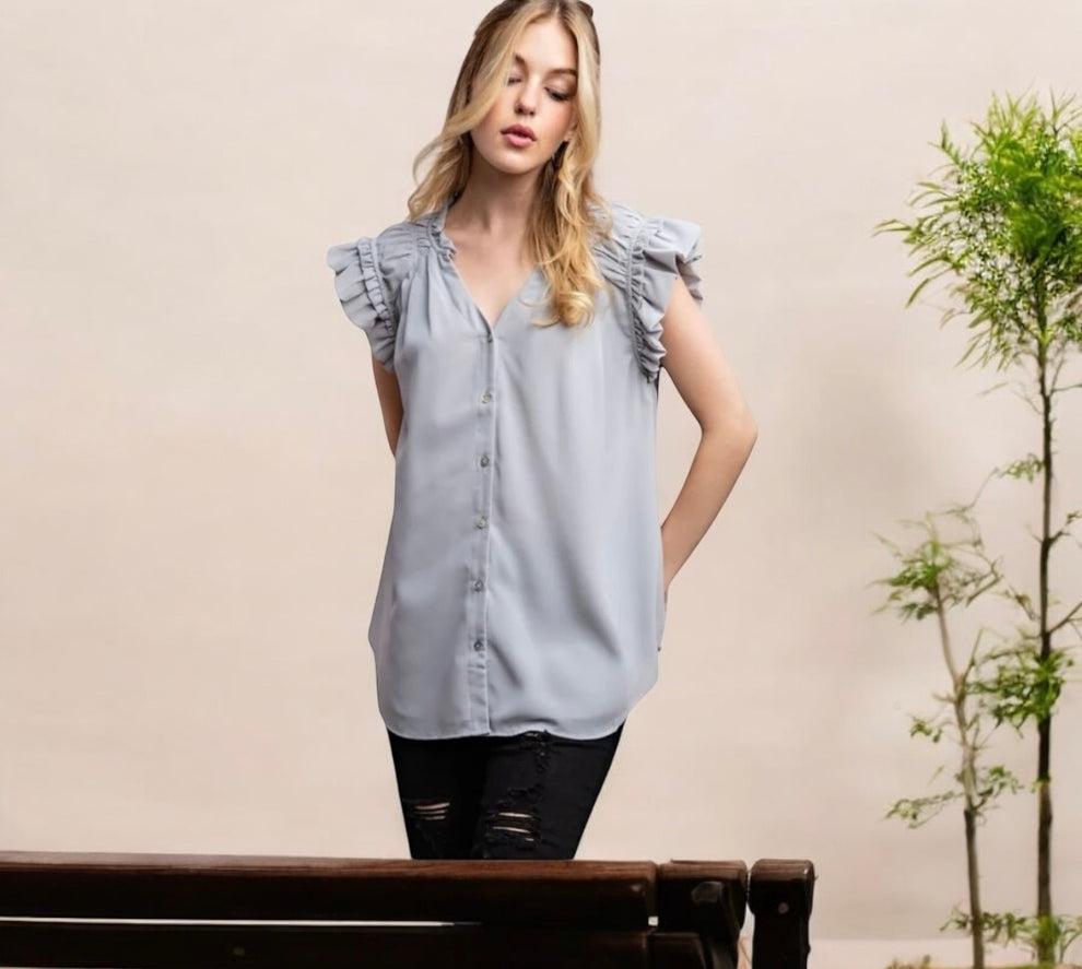 RUFFLE & READY CHIFFON SHIRRING DETAIL BUTTON DOWN TOP