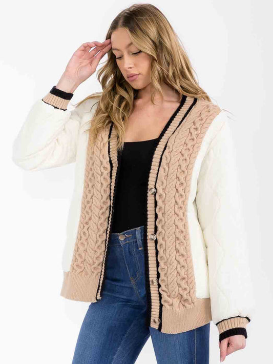 Quilt & Cable Knit Puffer Cardigan