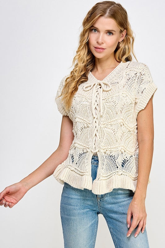 Isla Ruffle Crochet Lace -Up Chunky Knit  Sweater Vest Top