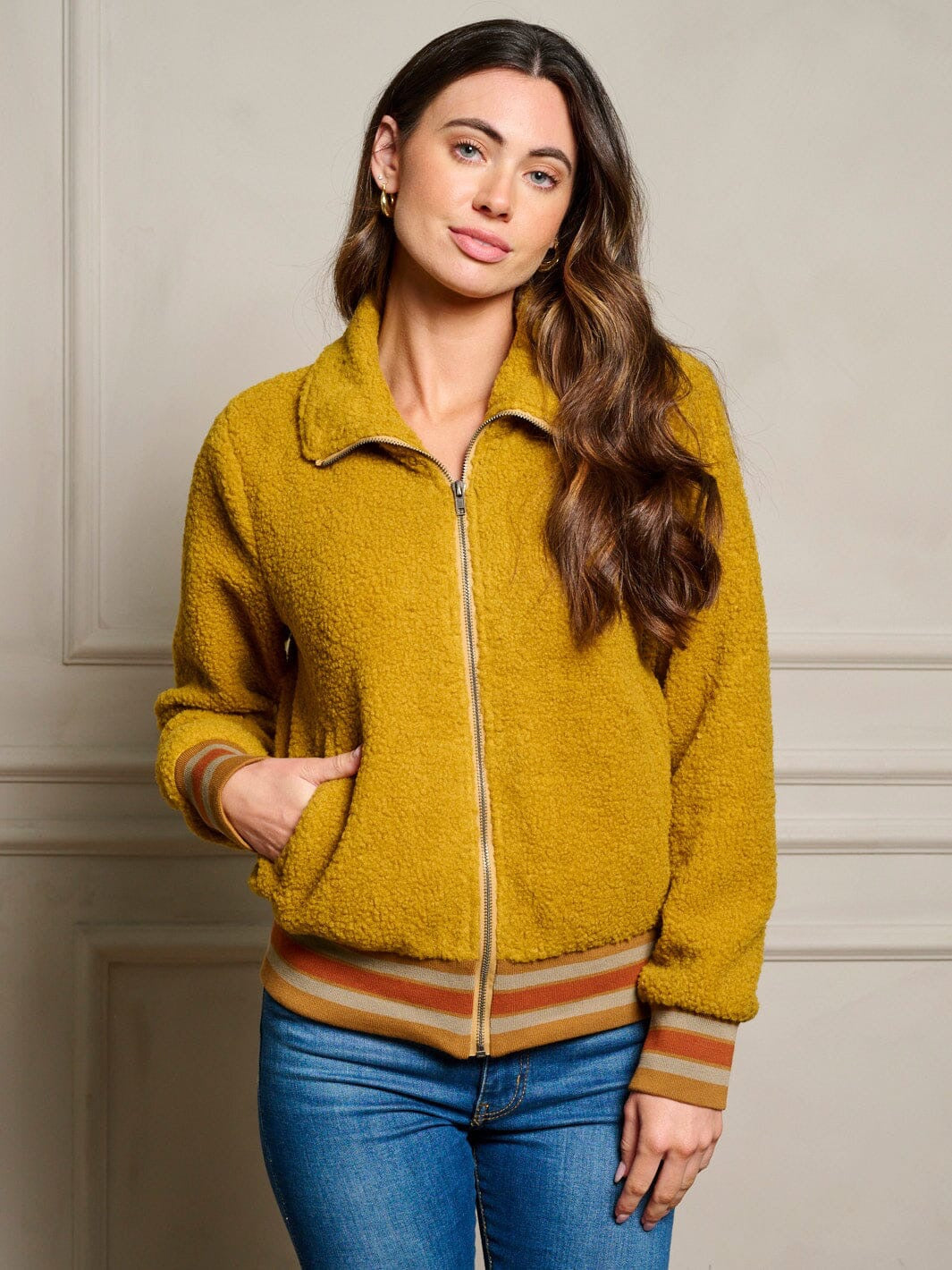 Retro Honey Sherpa Bomber Jacket