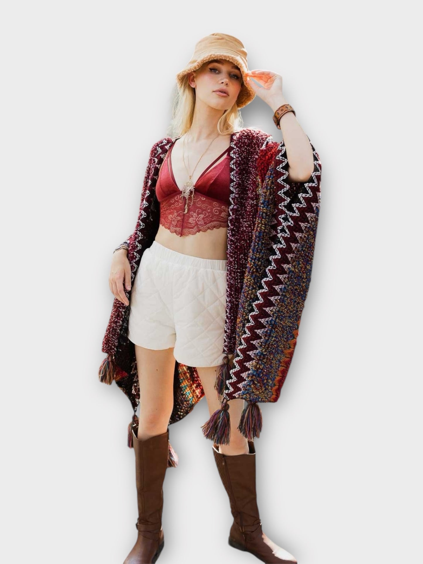 Colorful Sunset Draped Tassel Crochet Ruana