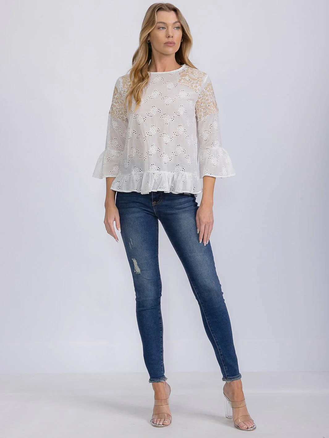 Sunlit Eyelet Embroidery Tiered Bell Sleeves Blouse