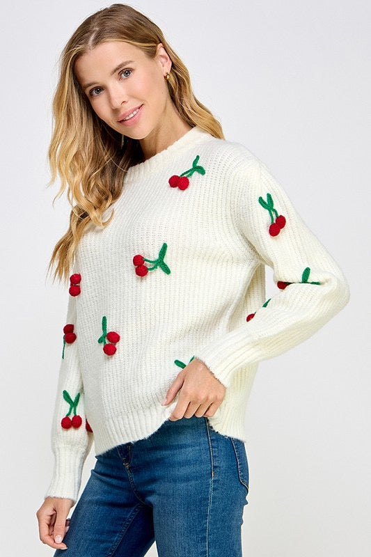 Cherry Bombshell 3D Knit Oversized Pullover Sweater