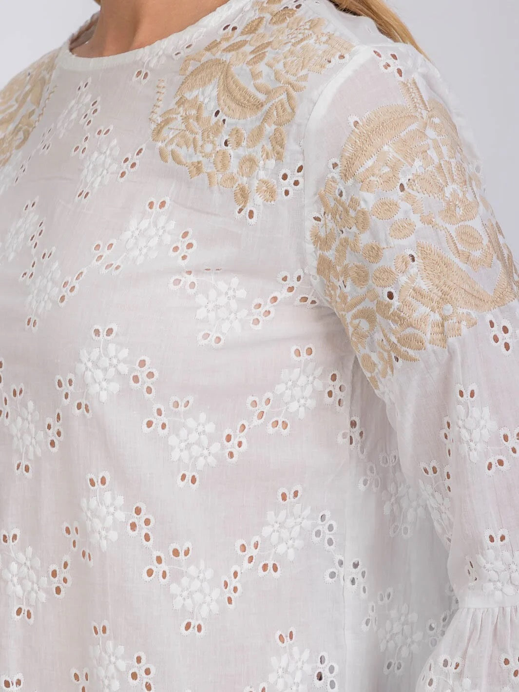 Sunlit Eyelet Embroidery Tiered Bell Sleeves Blouse