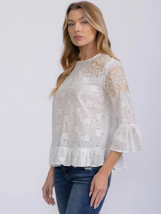 Sunlit Eyelet Embroidery Tiered Bell Sleeves Blouse