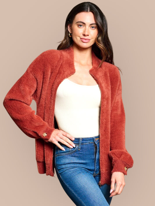 Amber Horizon Eyelash Zip Up Sweater Jacket