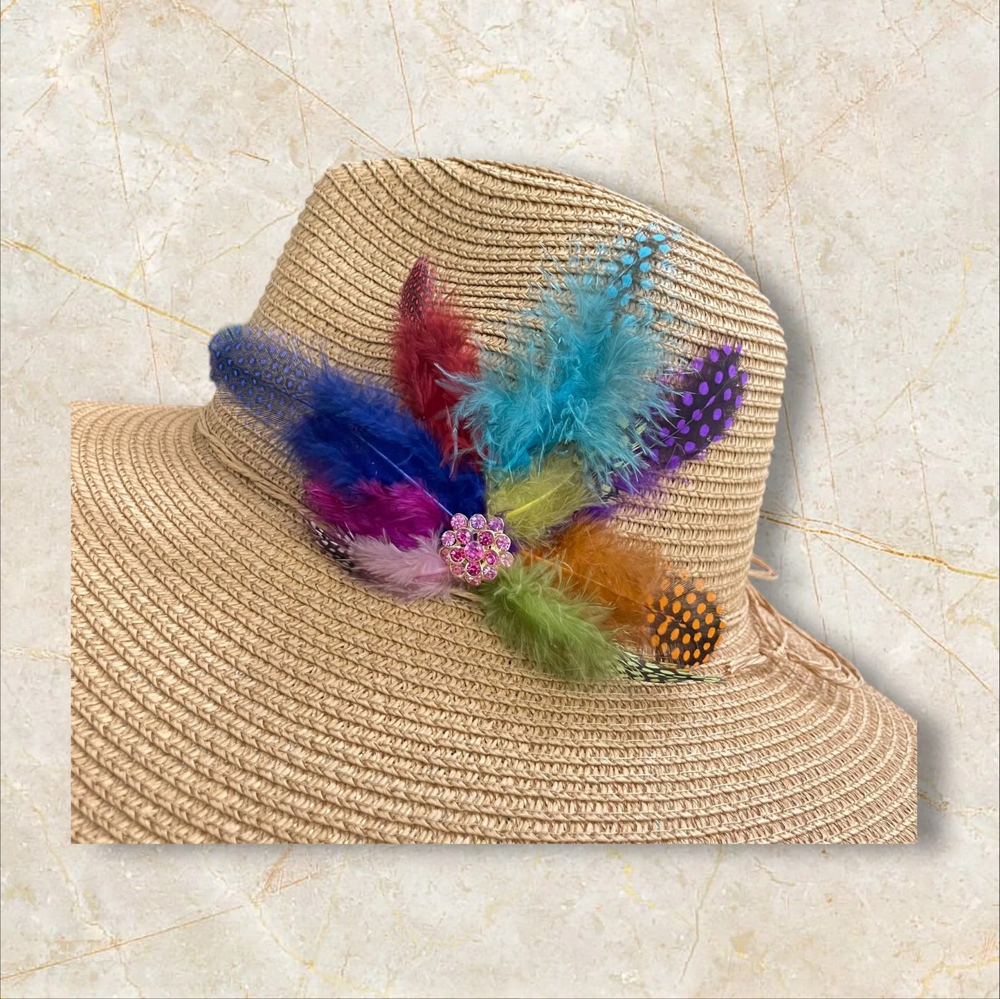 Handmade Feather Design Tan Floppy Fedora Straw Sun Hat