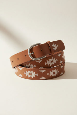 Vegan leather embroidered belt with silver buckle