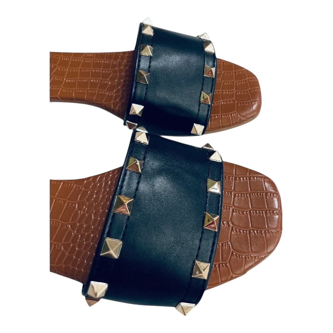 STELLA STUD BLACK & GOLD CROCODILE SOLE SLIPPERS