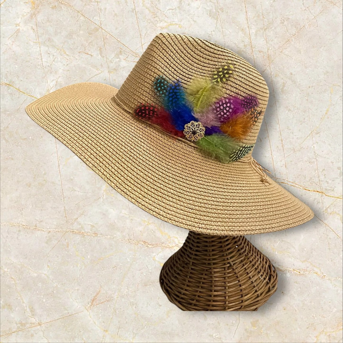 Handmade Feather Design Tan Floppy Fedora Straw Sun Hat