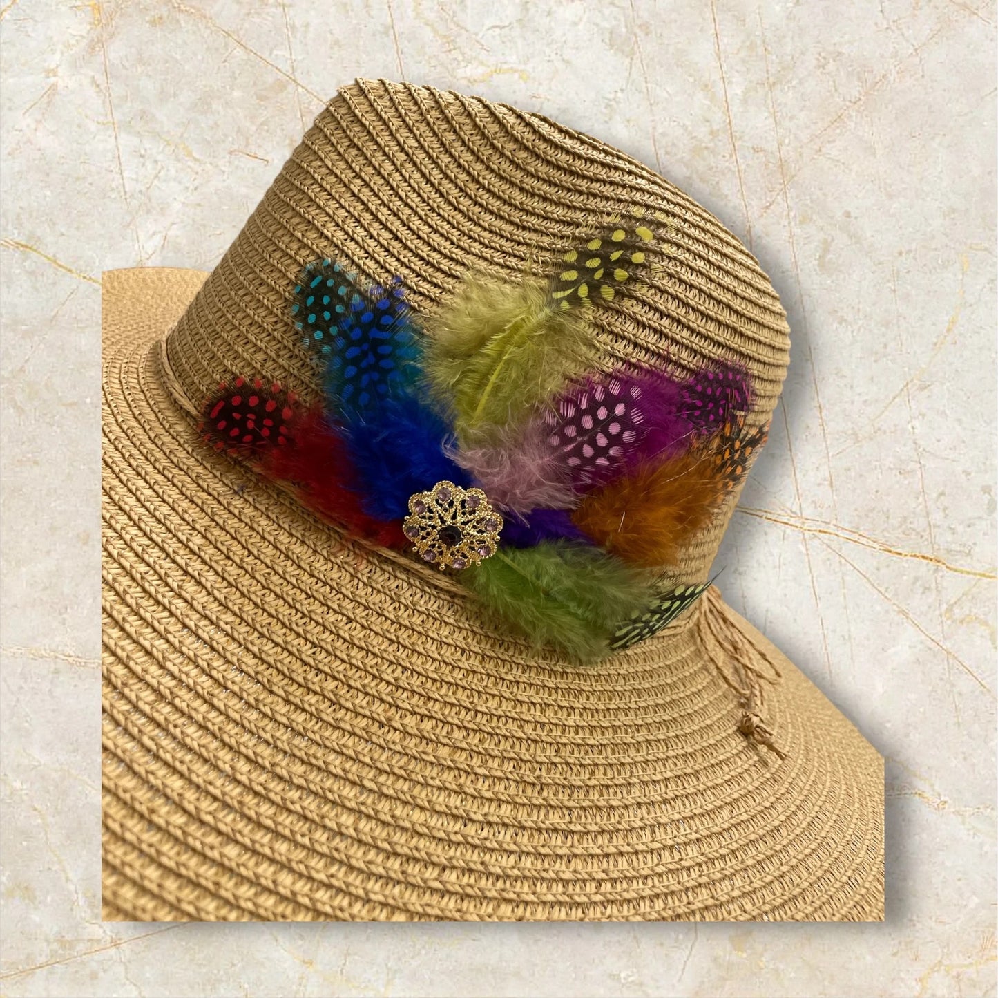 Handmade Feather Design Tan Floppy Fedora Straw Sun Hat