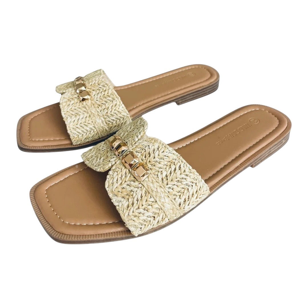 RAFFIA RADIANCE BOHO GOLD STUD SANDALS