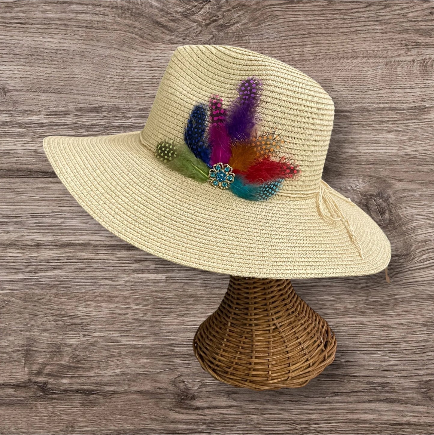 Handmade Feather Design Ivory Floppy Fedora Straw Sun Hat