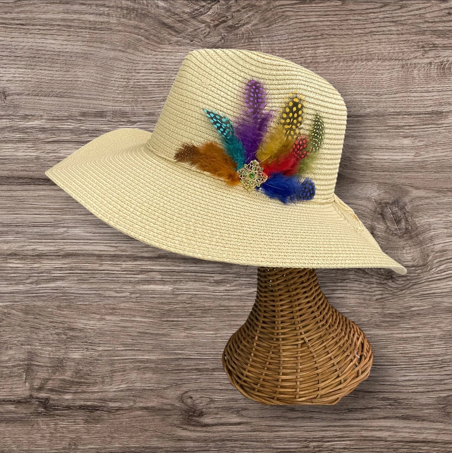 Handmade Feather Design Ivory Floppy Fedora Straw Sun Hat