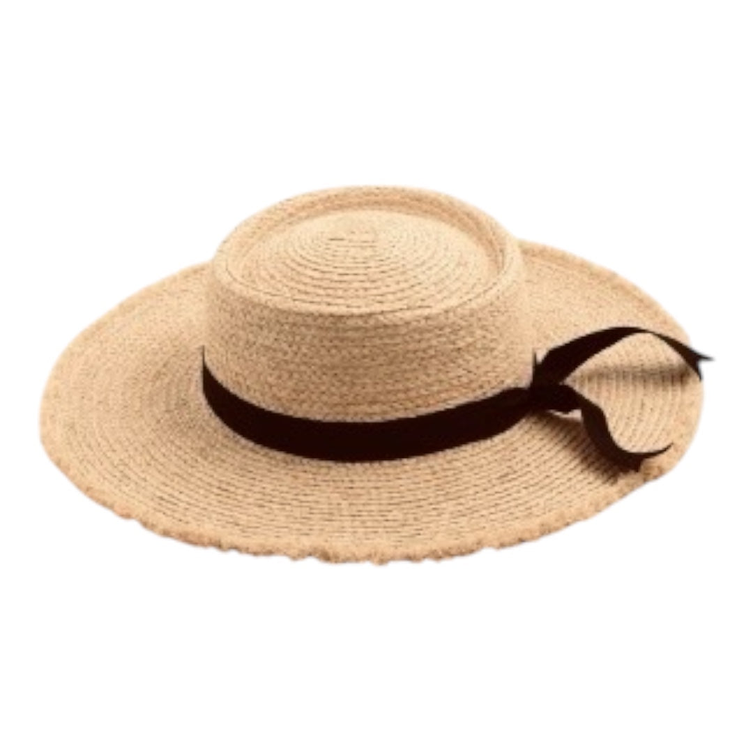 THE RIVIERA CHARM BLACK RIBBON RAFFIA SUN HAT