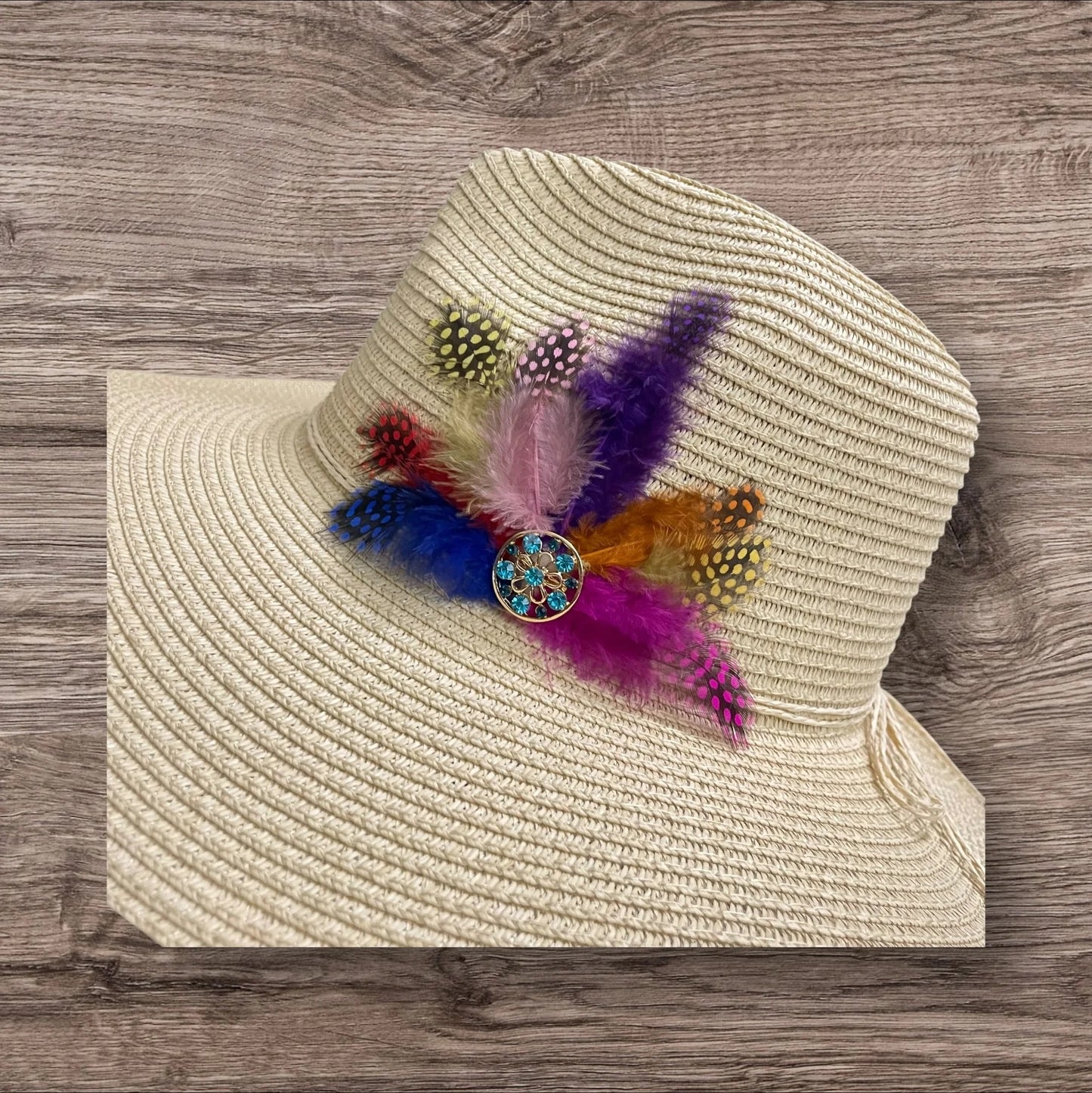 Handmade Feather Design Ivory Floppy Fedora Straw Sun Hat