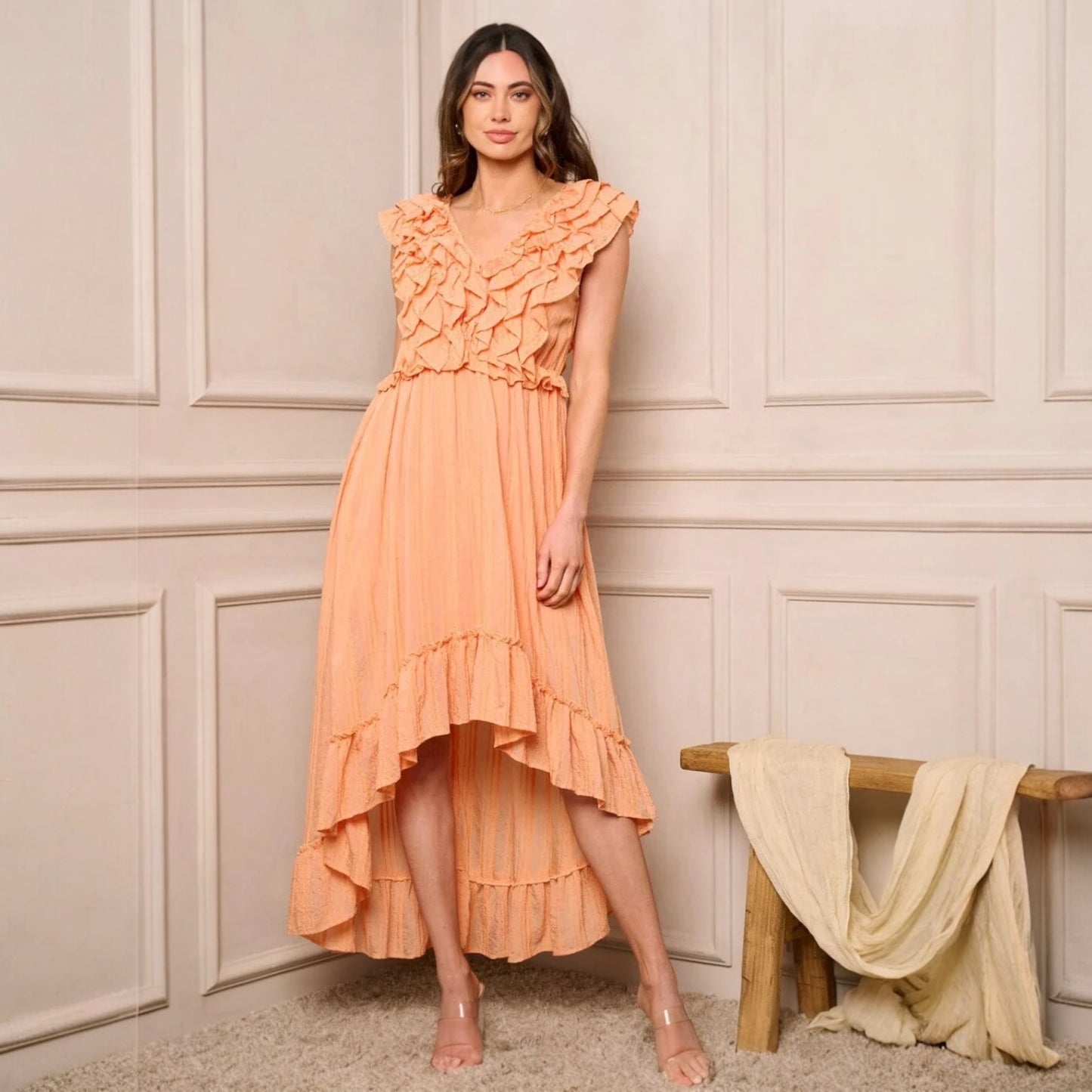 RUFFLE FRONT HIGH-LOW SLEEVELESS MIDI DRESS