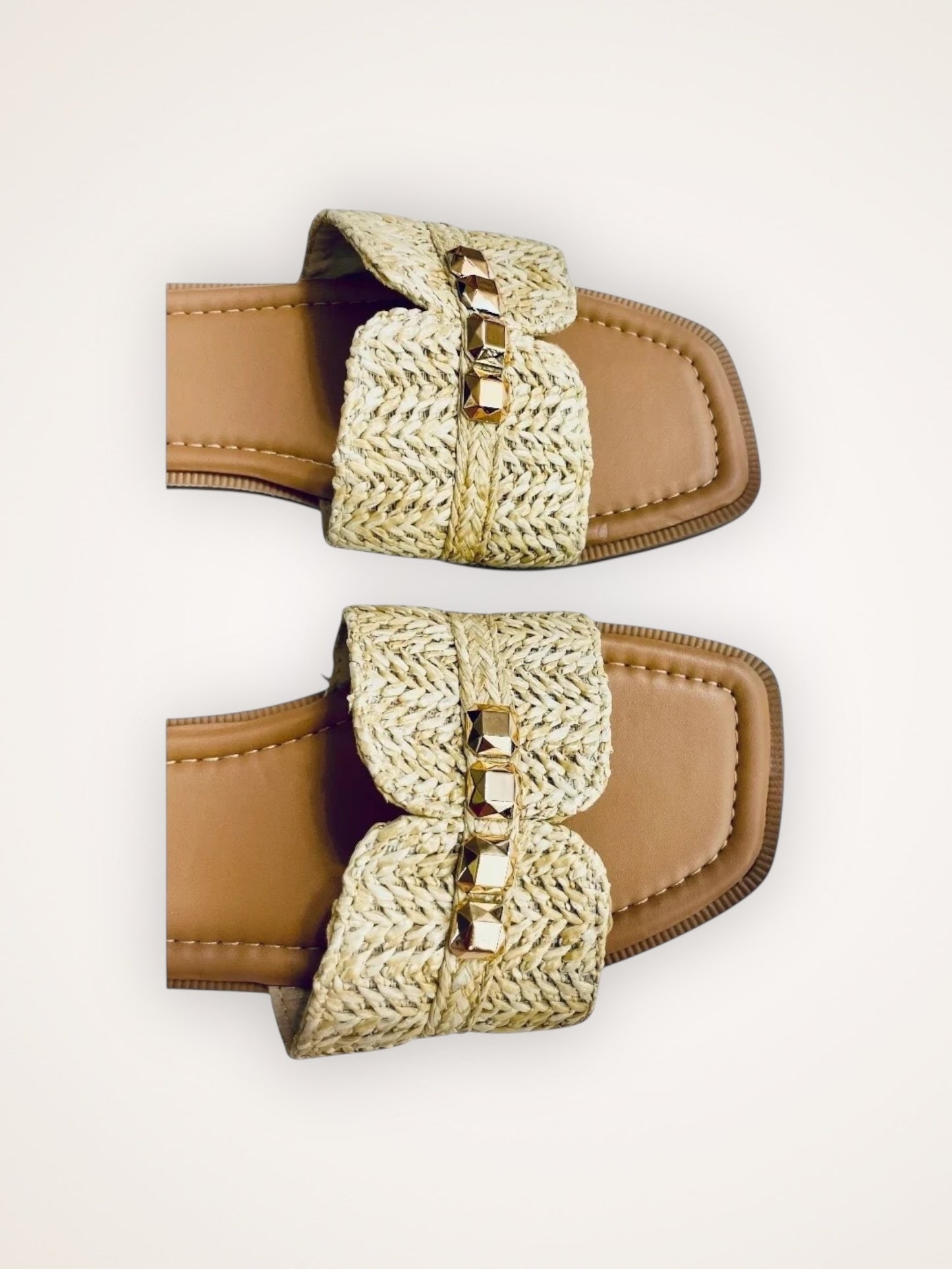 RAFFIA RADIANCE BOHO GOLD STUD SANDALS