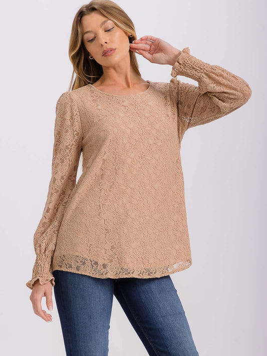 Chi Charm All Over Lace Smocked Cuff Blouse