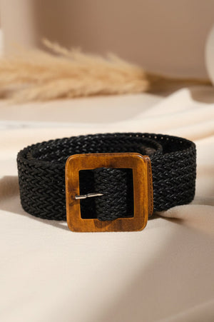 Woven pulse braided belt with unique wooden buckle, styled