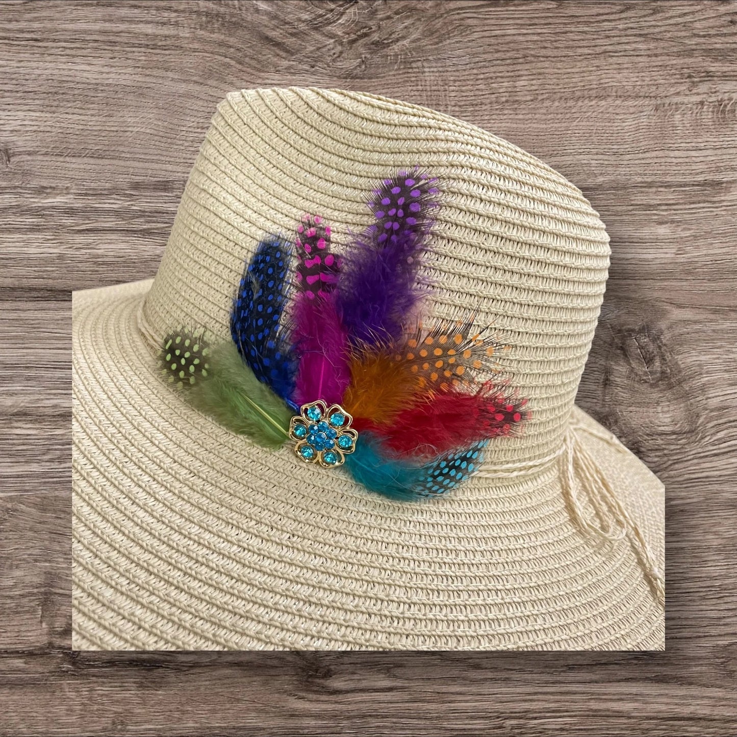 Handmade Feather Design Ivory Floppy Fedora Straw Sun Hat