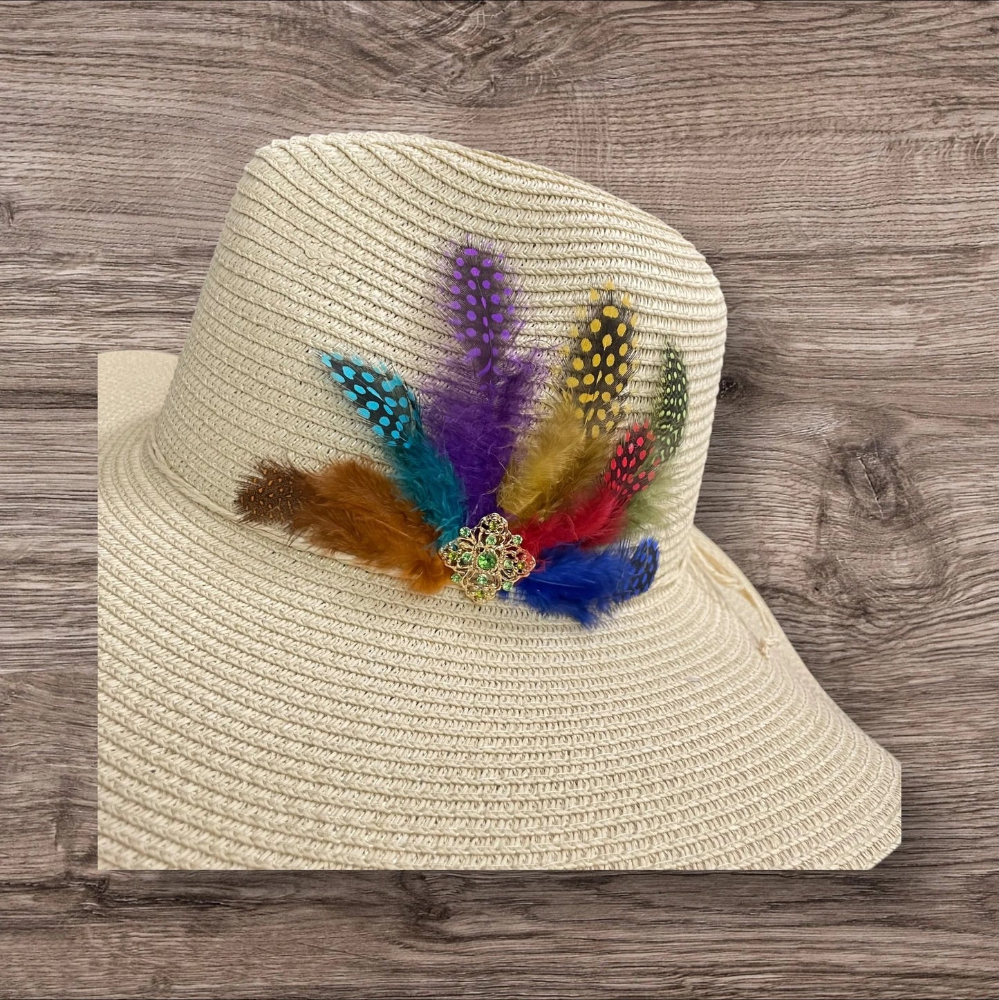Handmade Feather Design Ivory Floppy Fedora Straw Sun Hat