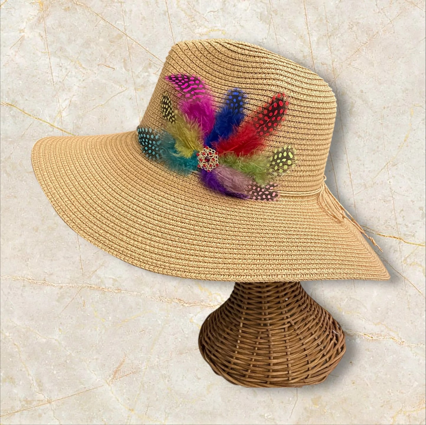 Handmade Feather Design Tan Floppy Fedora Straw Sun Hat