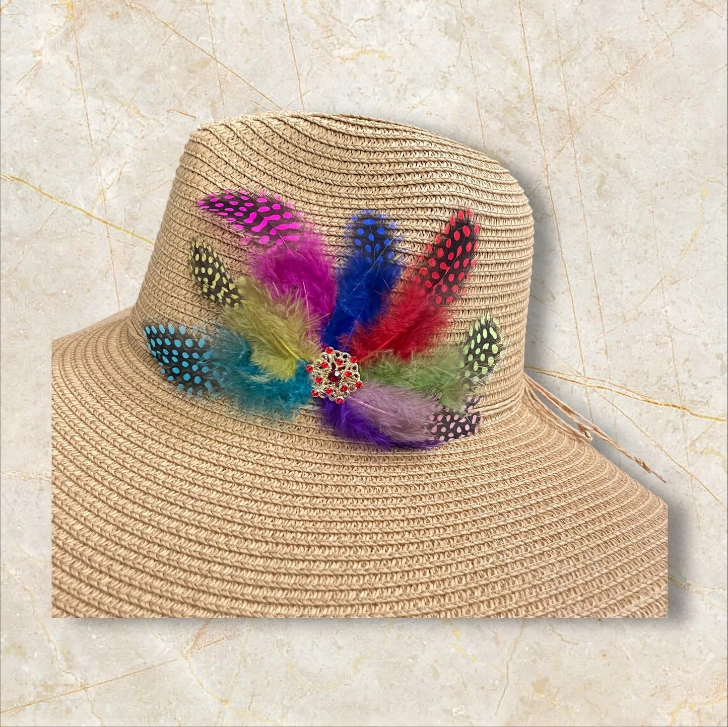 Handmade Feather Design Tan Floppy Fedora Straw Sun Hat