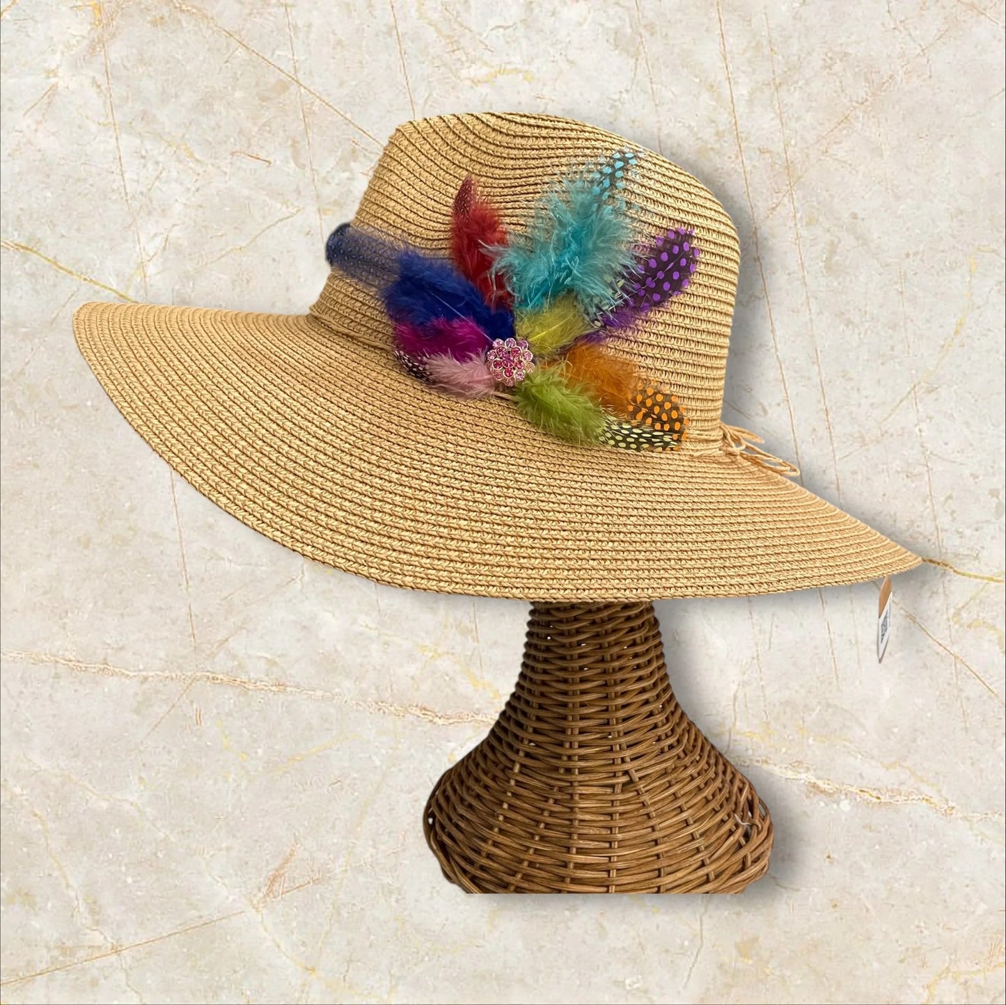 Handmade Feather Design Tan Floppy Fedora Straw Sun Hat