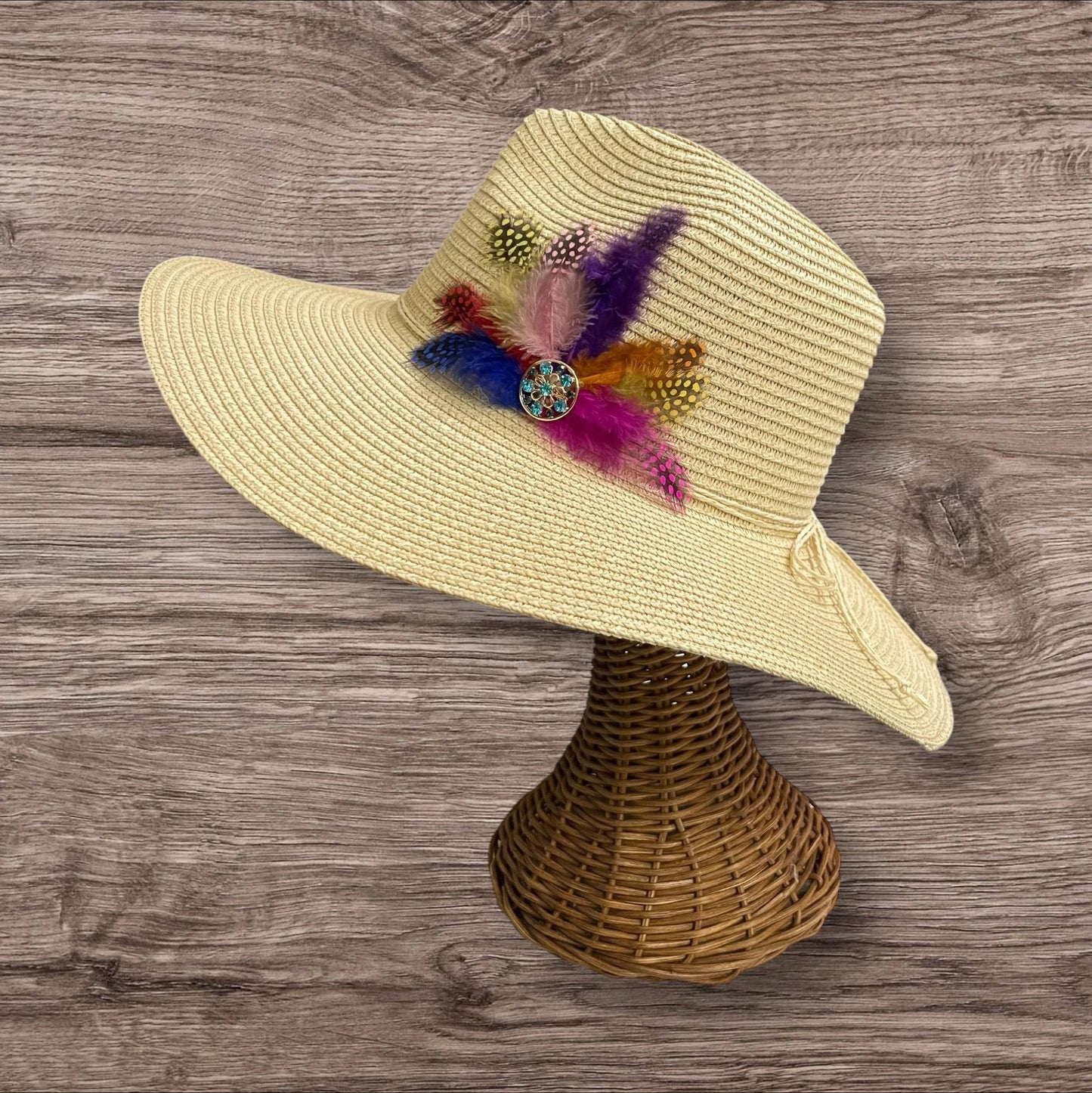 Handmade Feather Design Ivory Floppy Fedora Straw Sun Hat