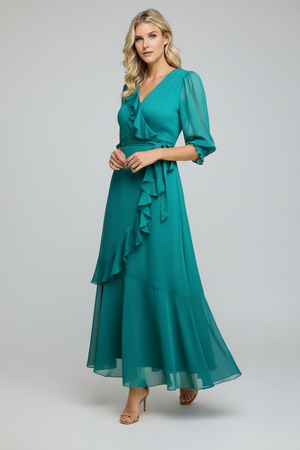 Ruffle faux-wrap maxi dress with tie waist