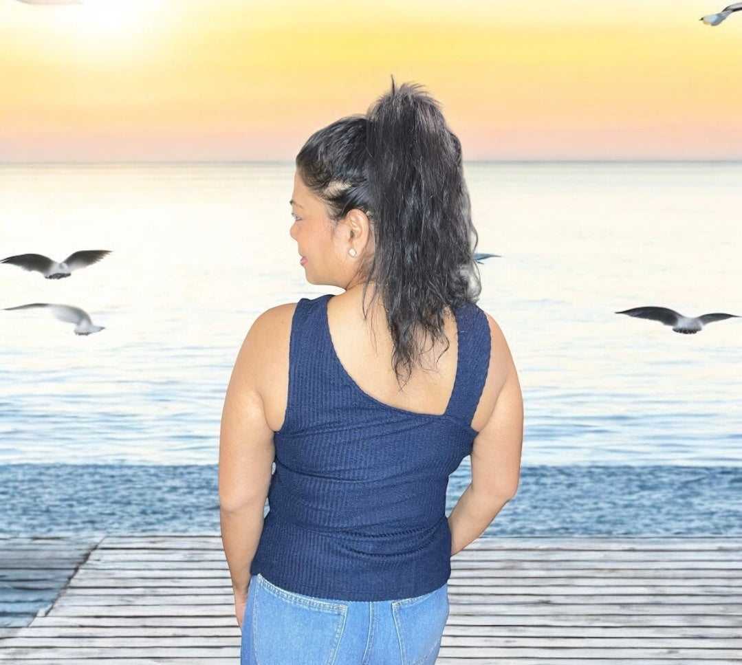 SLINKY TWIST NECK DARK BLUE TANK TOP