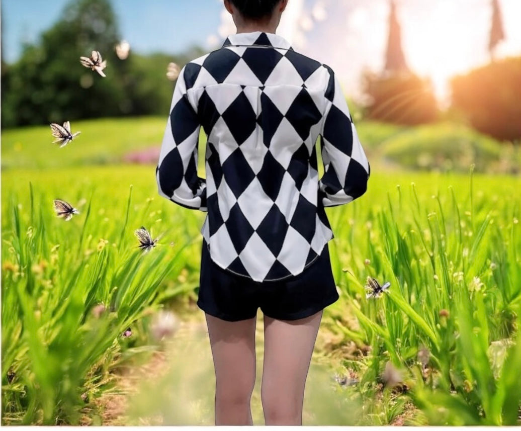 Black/ White Diamond Shape Long Sleeve Button Down Blouse