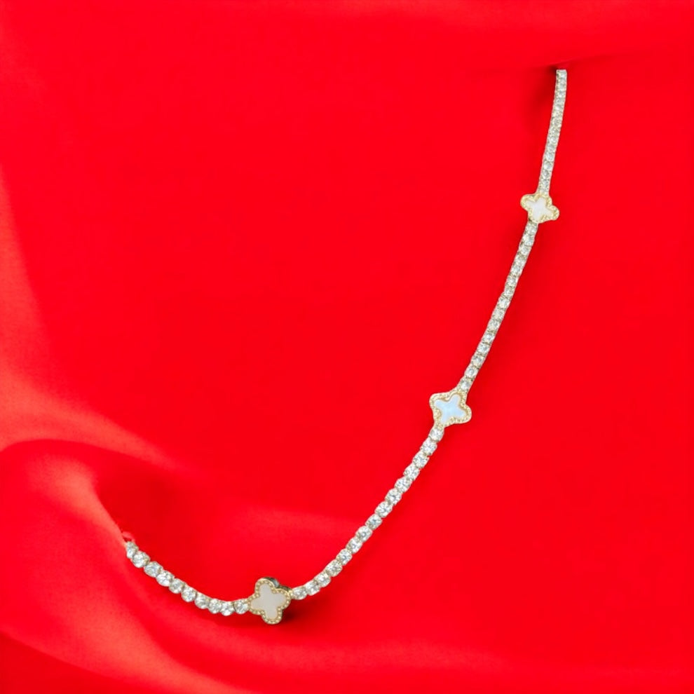 White Shell Clover Station Charms Rhinestone Chain Necklace