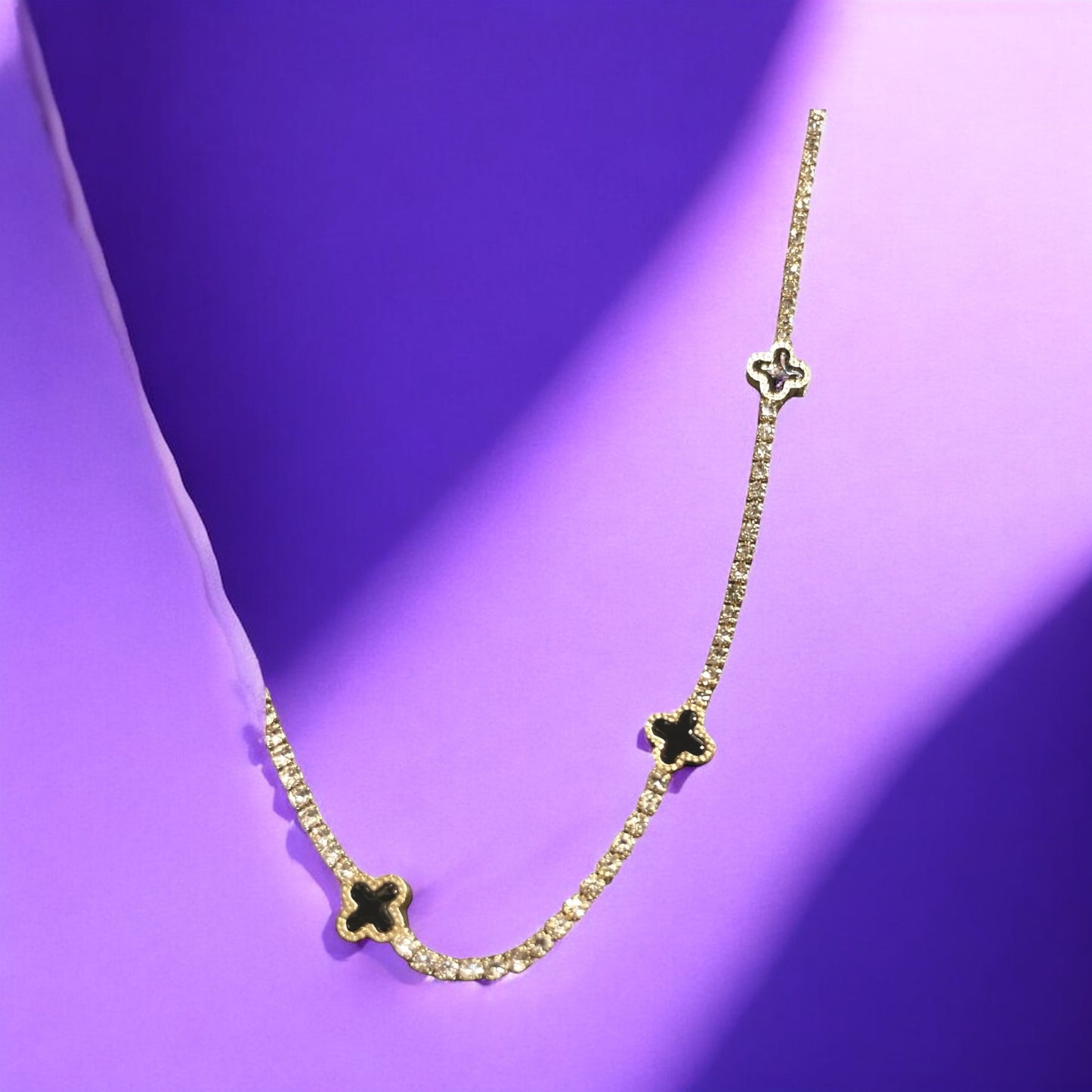 Black Shell Clover Station Charms Rhinestone Chain Necklace
