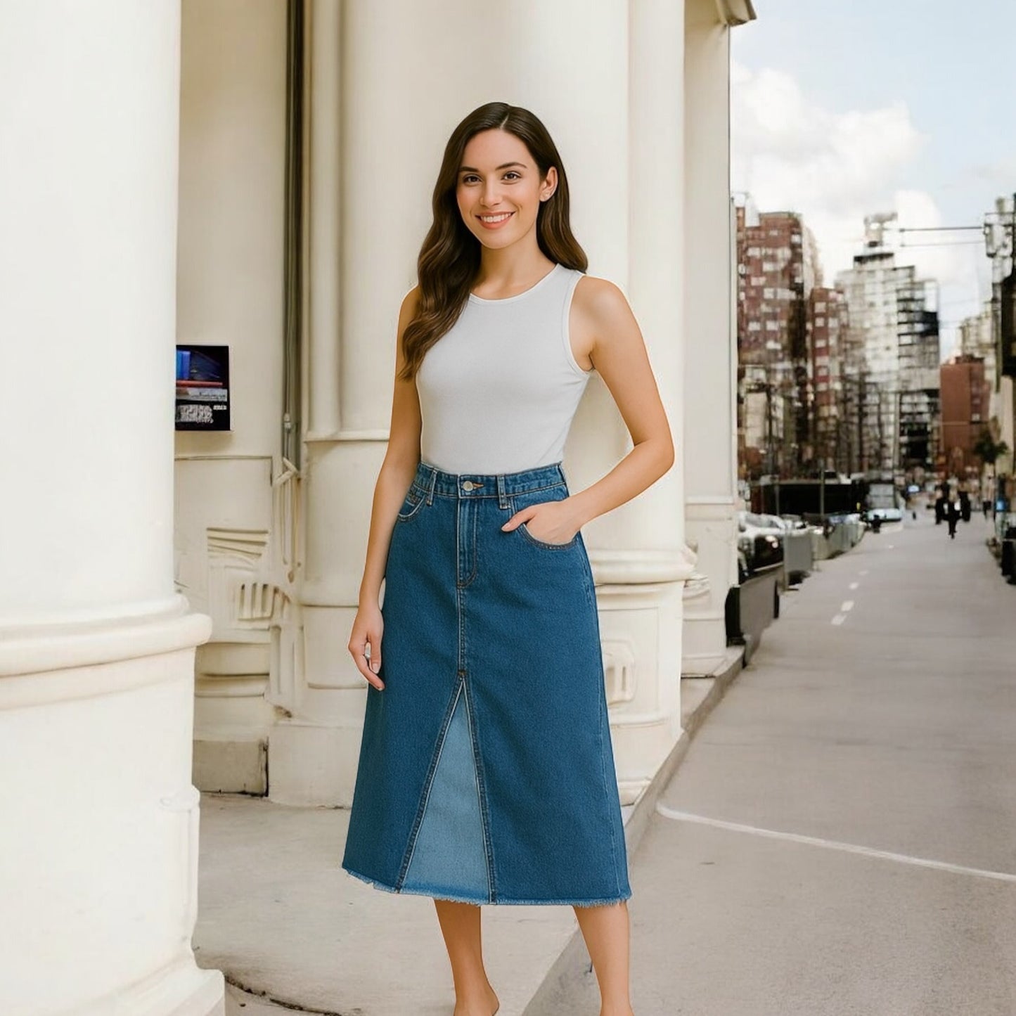 PATCHWORK BLUES BUTTON 2-TONE DENIM MIDI SKIRT