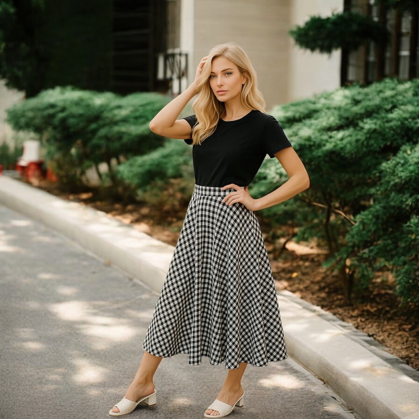 Black & White Gingham Midi Skirt