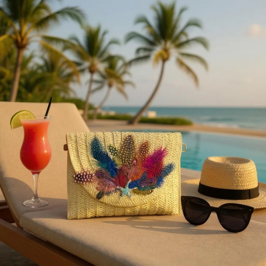 OCEAN MIRAGE HAND DESIGNED LAYERED STRAW ENVELOPE CLUTCH/ CROSSBODY PURSE