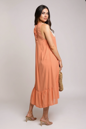 Crochet trim V-neck midi dress