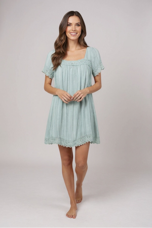 Sage embroidered mini dress with square neckline