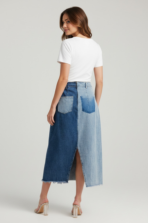Button-front patchwork denim midi skirt