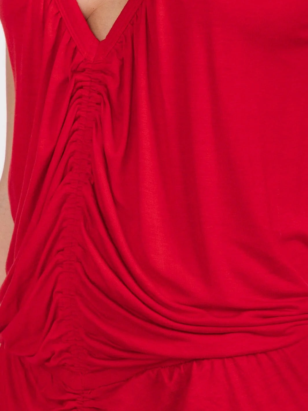SLEEVELESS V-NECK FRONT RUCHED BODYCON MIDI DRESS